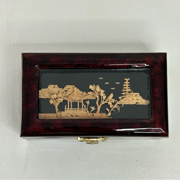 Oriental Hand Carved Pagoda Diorama Cork Art Wooden Trinket Jewelry Box Glass - Picture 6 of 9